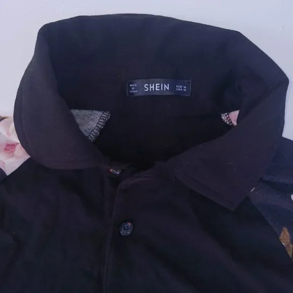 Shein Men's Size M Black Rose Short Sleeve Polo Shirt - Picture 4 of 8